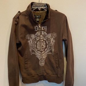 Brown large Obey track style sweatshirt full zip front logo